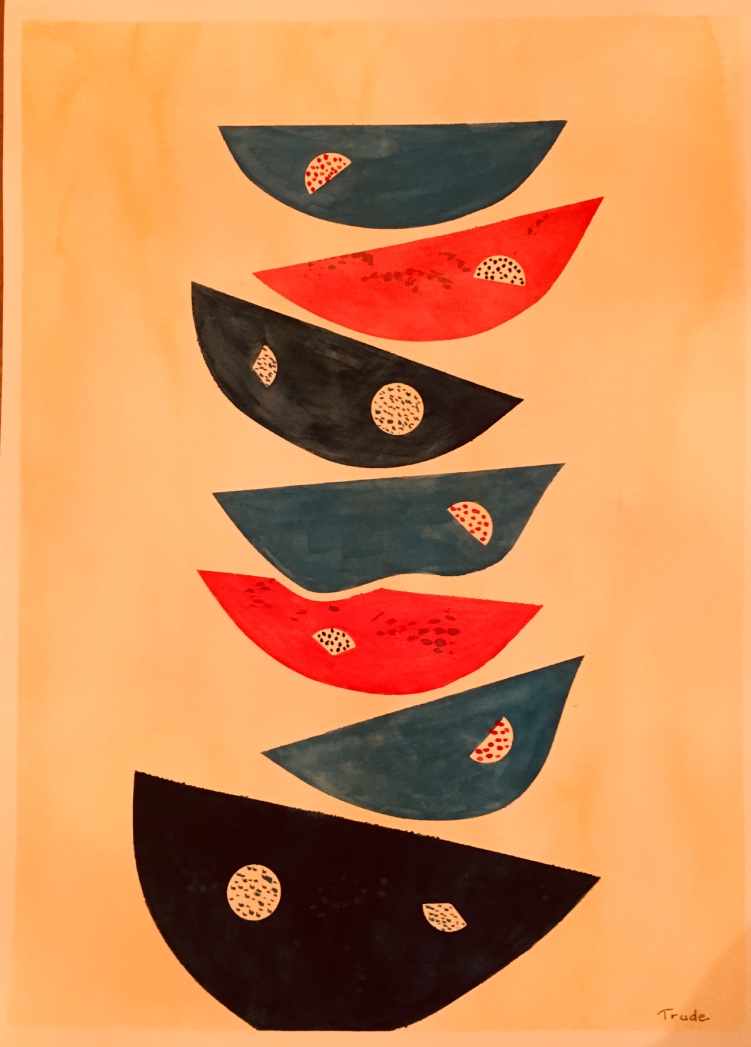 Seven stacked bowl silhouettes alternating teal, red and black on a warm amber ground
